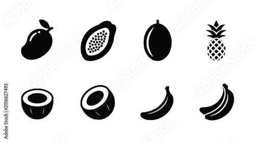 A set of eight black and white icons featuring various fruits including apples, papaya, pineapples, bananas, and coconuts arranged