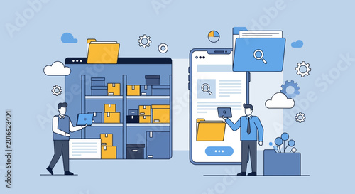Office workers utilize an office digitization system for efficient cloud document archive management on computers and mobile devices.