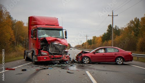 Fotografie A serious head-on collision between a red semi-truck and a red passenger car on an asphalt highway, showing significant vehicle damage and road debris
