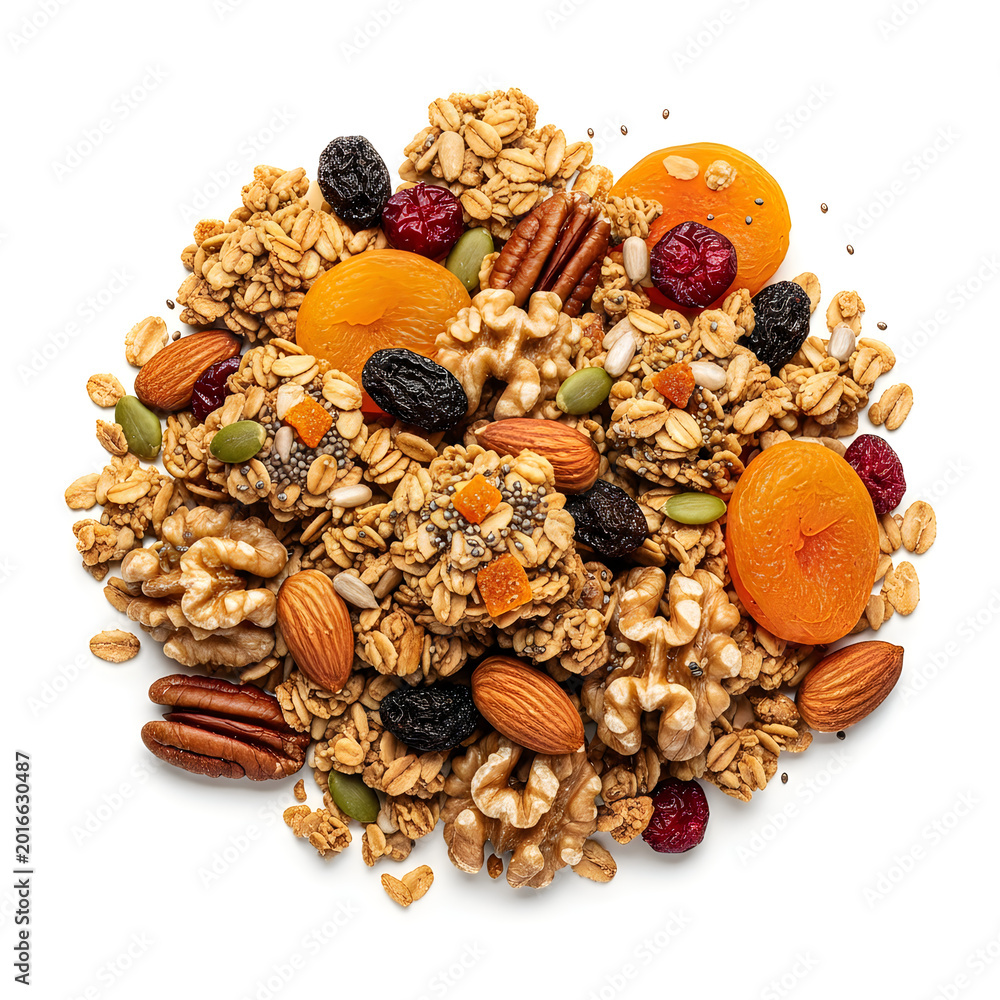 Fototapeta premium Assorted granola mix with dried fruits and nuts for healthy snacking isolated on white background