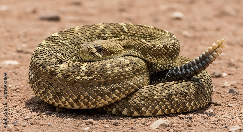 Obraz premium Desert Wildlife Coiled Rattlesnake Resting On Sandy Ground In Natural Habitat