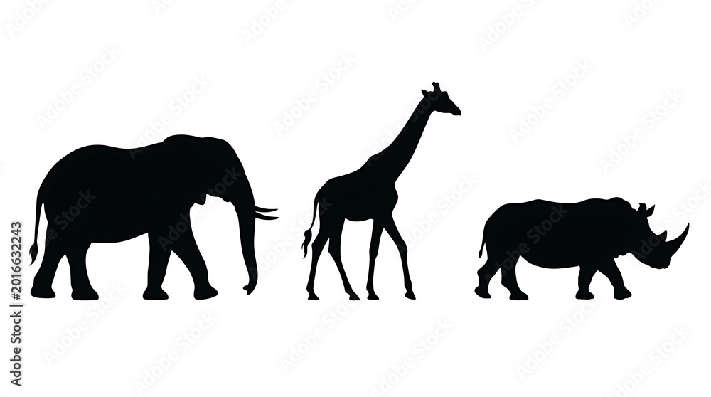 Fototapeta premium Black silhouettes of elephant, giraffe, and rhinoceros walking together.