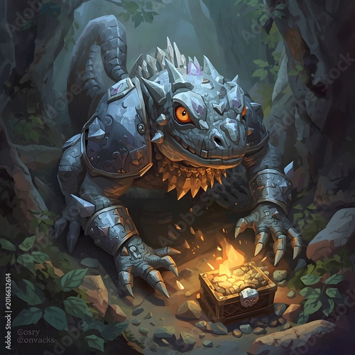 Mythical creature guarding treasure chest.