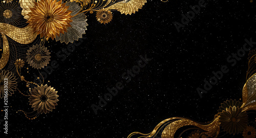 Golden ornate floral frame on black background with intricate metallic design.