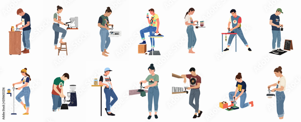 Fototapeta premium Flat Illustration Set of Young Men and Women Baristas and Coffee Lovers Preparing Espresso Using Various Tools and Professional Equipment