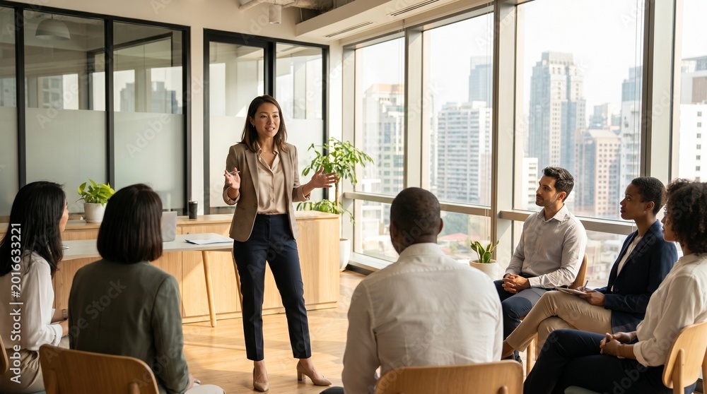 Fototapeta premium Confident Asian businesswoman leading a team meeting in a modern office