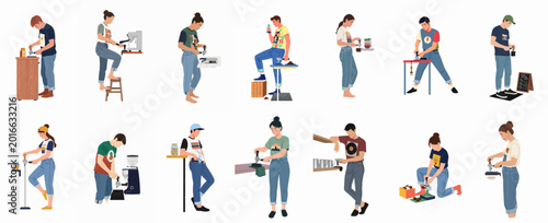 Bild auf Leinwand Flat Illustration Set of Young Men and Women Baristas and Coffee Lovers Preparin