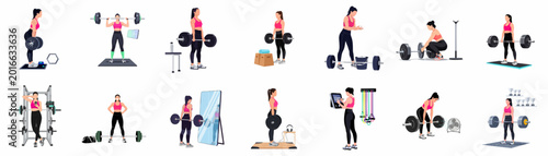 Bild auf Leinwand Set of flat vector illustrations of a fit woman performing weightlifting exercises, deadlifts, and overhead presses in a gym setting on white background