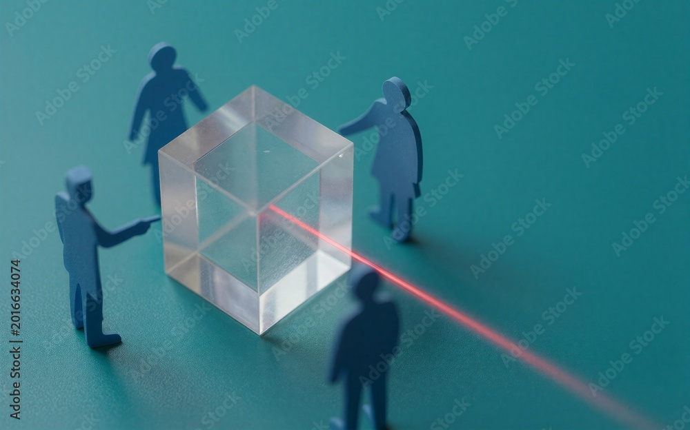 Fototapeta premium Four paper cutouts surround a transparent cube with a red laser beam