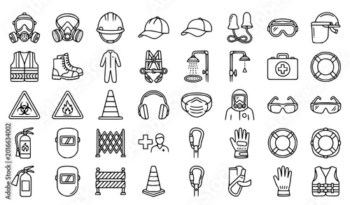 Foto Personal protective equipment line 28 icon set with respirator gas mask and edit