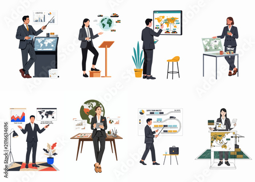 Collection of business professionals analyzing global logistics, supply chain management, and international trade data with digital charts and world maps in flat vector style.