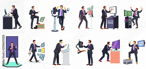 Foto Collection of illustrations featuring a professional male presenter in a suit with headset, interacting with diverse digital screens and control technology interfaces