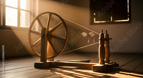 Wooden spinning wheel in sunlit room with spectacles
