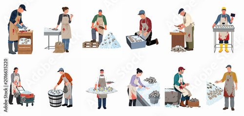 Foto Flat vector illustration set of oyster farmers and fishmongers shucking, cleaning, and selling fresh seafood on ice