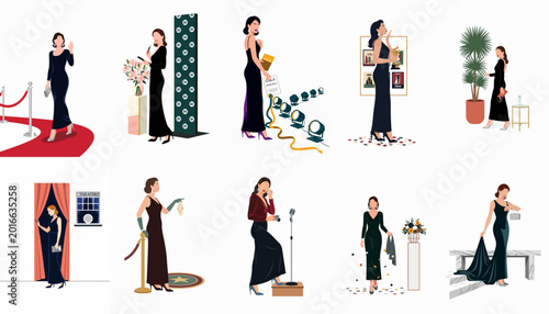 Foto Set of flat vector illustrations featuring elegant women in formal evening gowns at various high-profile events like galas, award ceremonies, and red carpets