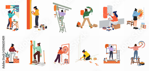 Foto Collection of women painting and decorating, featuring various renovation activities like wall painting, mural art, and home improvement tasks in a flat illustration style