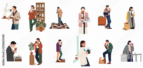 Bilde på lerret Illustrated set of stylish characters preparing and enjoying specialty pour-over coffee, featuring men and women in fashionable outfits on white background