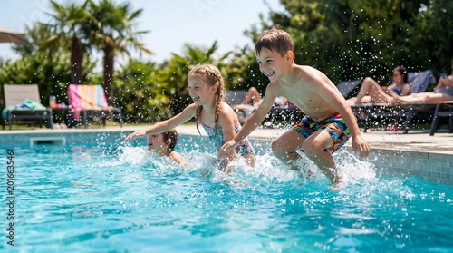 Children joyfully jumping into a refreshing swimming pool on a sunny day.