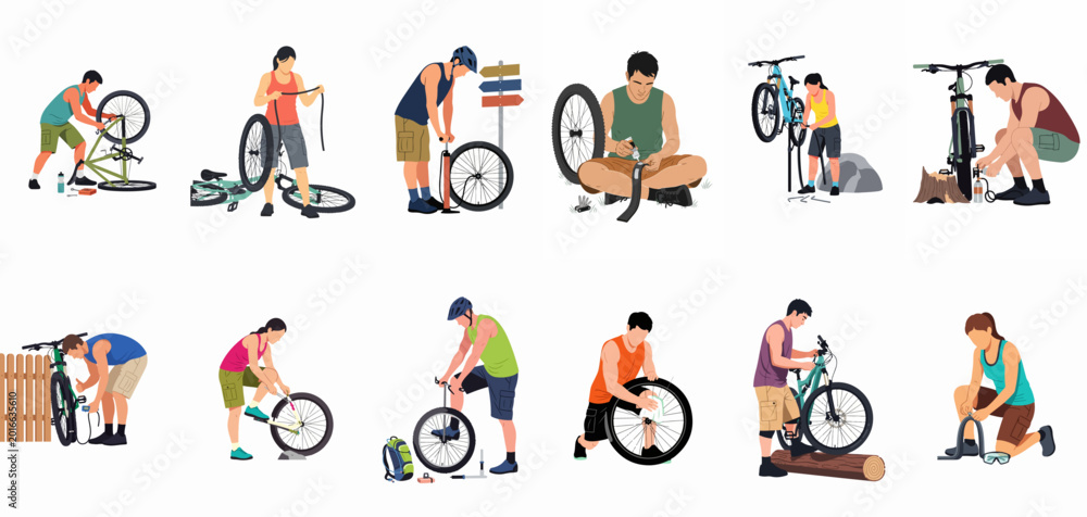Fototapeta premium A collection of illustrations showing various people performing bicycle repairs and maintenance outdoors, such as fixing punctures, pumping tires, and adjusting components.