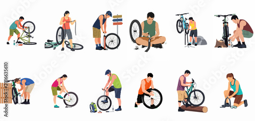 A collection of illustrations showing various people performing bicycle repairs and maintenance outdoors, such as fixing punctures, pumping tires, and adjusting components.