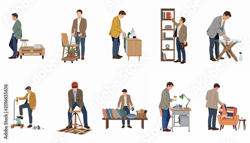 Foto Collection of illustrations showing a man decorating, organizing, and cleaning his home with various furniture and accessories