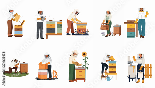 Foto Diverse set of beekeepers in protective suits managing hives, harvesting honey, and using apiculture equipment in a flat vector illustration style
