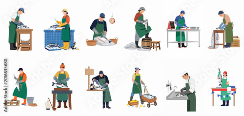 Bild auf Leinwand Flat illustration set of various fishmongers and workers processing, cleaning, and selling fresh fish in a market or factory setting