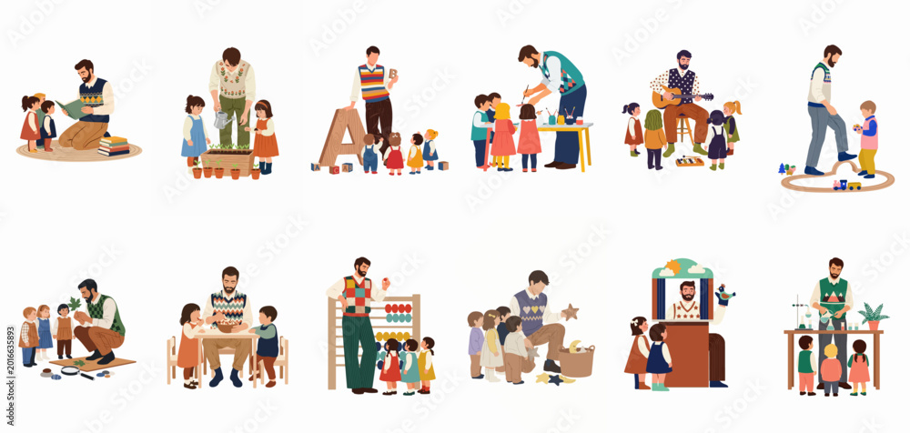 Fototapeta premium Comprehensive collection of flat illustrations depicting a male nursery teacher engaging in diverse educational activities with young children on a white background.