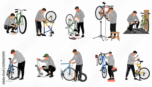 Set of illustrations showing a man repairing, cleaning, and maintaining various bicycles using tools and equipment in a workshop or garage setting.