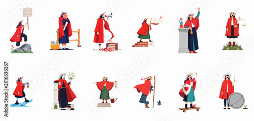 Foto Set of diverse female characters in red cloaks representing empowerment, activism, justice, and leadership in a clean flat illustration style
