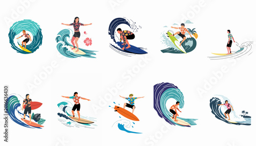 Photography Flat vector illustrations of male and female surfers riding ocean waves in tropical Hawaiian shirts, set of 10 colorful surfing icons