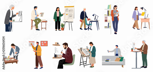 Obraz na plátne Set of diverse characters reviewing resumes and job hunting in various office settings, representing recruitment, career search, and professional development