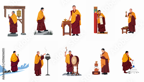 Tableau sur toile Collection of Tibetan Buddhist Monks Performing Rituals, Praying, and Using Sacr