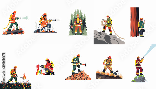Canvas-taulu Set of flat illustrations featuring wildland firefighters battling forest fires and performing various tasks in the wilderness