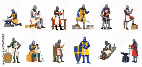 Bild auf Leinwand A collection of medieval knights in full plate armor and chainmail, depicted in various poses such as guarding, sitting, and maintenance tasks