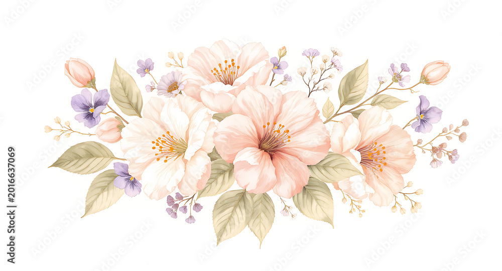 Fototapeta premium Watercolor floral bouquet with delicate pastel flowers and leaves.