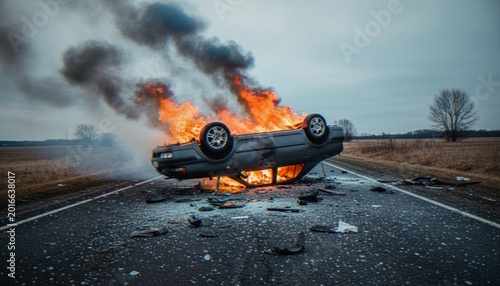Foto A dark, dramatic wide shot of an overturned car engulfed in flames in the middle of a rural road, with debris scattered across the pavement