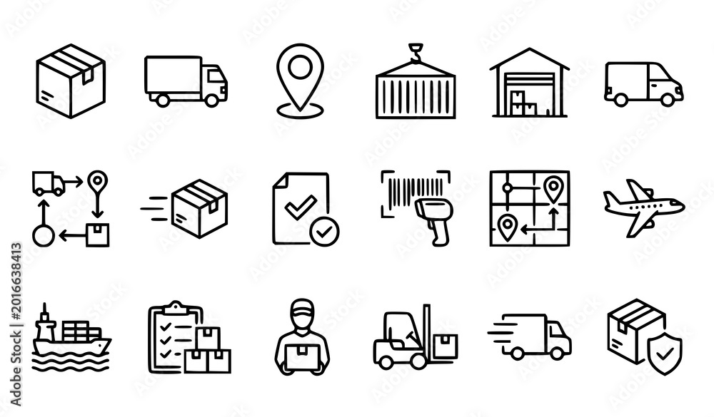 Fototapeta premium Global Logistics and Supply Chain Management Line Icons - Shipping, Warehouse, and Freight Transport Vectors