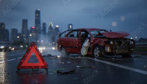 фотографія A damaged red car sits on a wet highway with an emergency warning triangle in the foreground and a blurred city skyline in the background after an accident