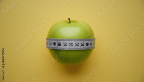 Tableau sur toile A green apple wrapped with a measuring tape, representing healthy eating, weight loss, and diet management on a yellow background