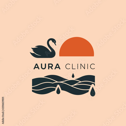 Minimalist aesthetic logo design for Aura Clinic featuring a swan and water elements.