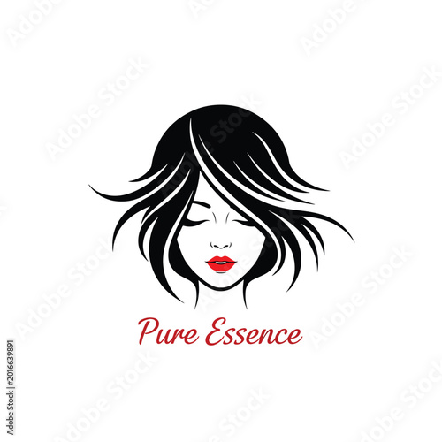 Minimalist Beauty Salon Logo Featuring a Stylized Woman Face with Flowing Black Hair.