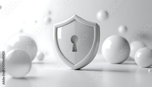 White shield with keyhole symbol for security and protection, abstract spheres in soft focus background, digital concept for privacy and data safety