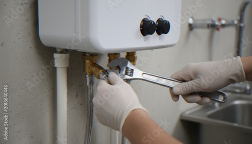 Bild auf Leinwand A technician wearing disposable gloves uses an adjustable wrench to tighten a pipe fitting on a tankless water heater