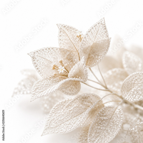 Elegant ivory lace flowers on white background with delicate botanical details