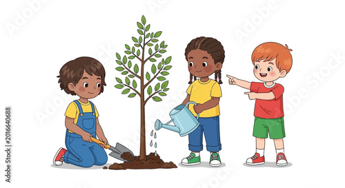 Schilderij op canvas Children planting a tree, teamwork and environmental care