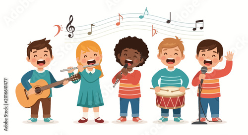 Fotografía Diverse Children Playing Musical Instruments and Singing Together