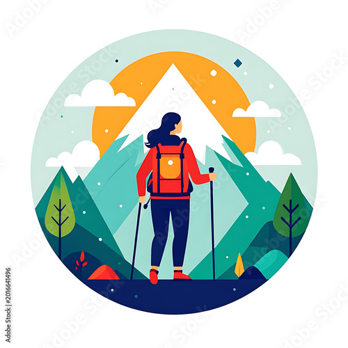 Woman with backpack and hiking poles standing in front of a majestic mountain range during sunset, adventure and exploration theme