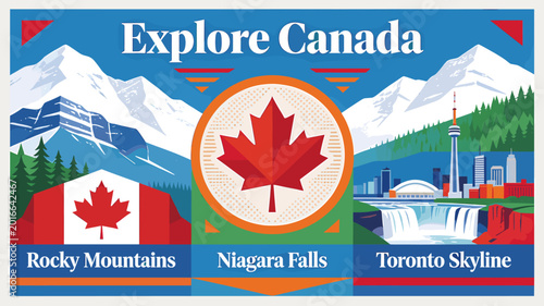 фотографія Illustrated travel poster showcasing iconic Canadian landmarks including the Rocky Mountains, Niagara Falls, and the Toronto skyline with a central maple leaf