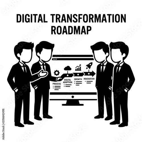 Business Team Discussing Digital Transformation Roadmap on Computer Screen.